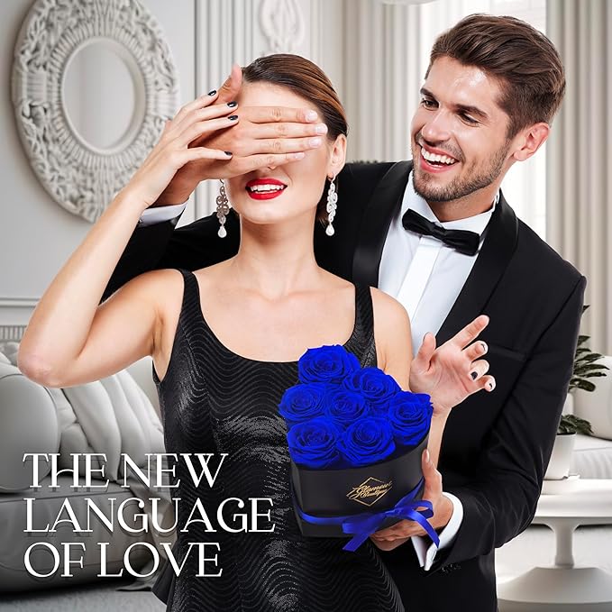 GLAMOUR BOUTIQUE 7 Flower Forever Heart Shape Box, for Mom, Eternal Preserved Roses Gift for Her, Him, Lasting Flowers Bouquet, for Birthday, Anniversary, Blue (Color-Treated)