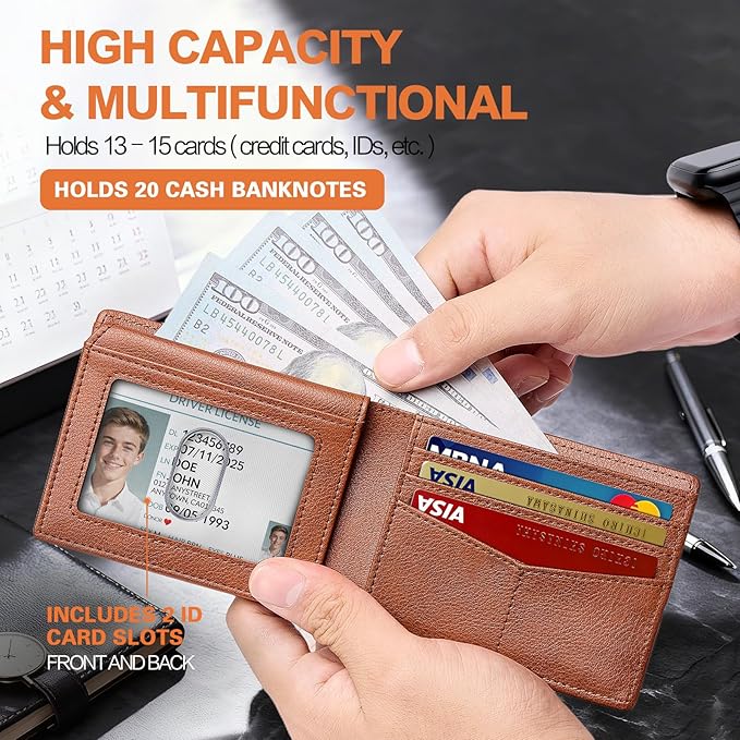 Wallet for Men Slim RFID Blocking Bifold Carbon Fiber,Minimalist Small Compact Front Pocket Credit Card Holder,Thin Mens Leather Wallets Smart Security With 2 ID windows 1 Cash (Caramel Brown)