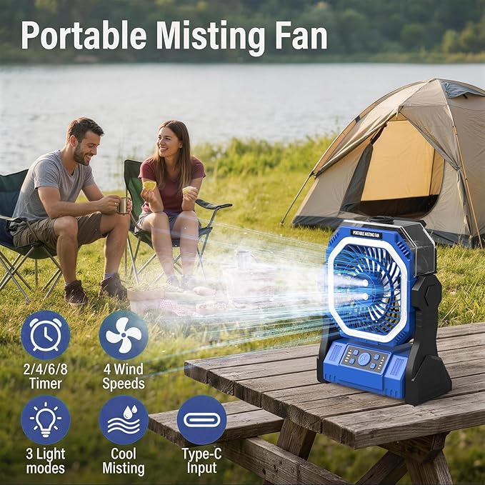 Portable Misting Fan with 20000mAh Battery, 350mL Instant Mist Spray, 270° Adjustable, 4 Speeds & 4 Timer, Rechargeable Water Mist Fan for Outdoor Camping Beach Patio Travel, Power Bank Function