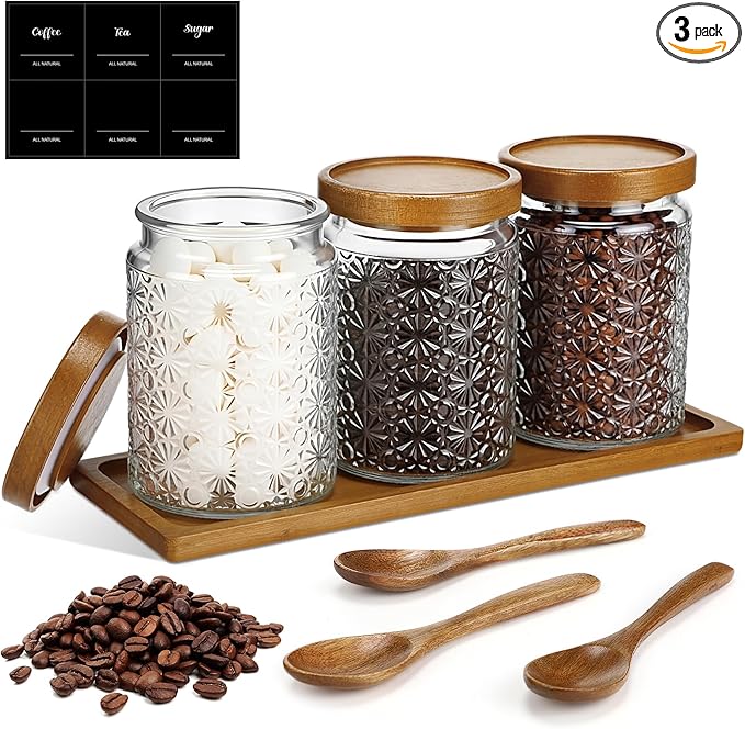 3 Pcs Glass Coffee Container Set with Wooden Lid Spoon Shelf Labels Clear Sugar Tea Airtight Jar Food Storage Canisters Set for Spice Holder Coffee Bar Gifts(Star,24 oz)