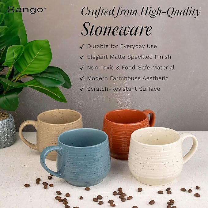 Sango 17.5 oz Stoneware Coffee Mugs Set of 4, Rustic Ceramic Mug with Speckled Reactive Glaze, Large Pottery Drinkware for Coffee or Tea, Dishwasher & Microwave Safe Mugs, Siterra Painter’s Palette