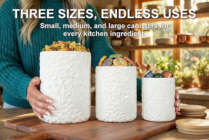 Engraved Design Kitchen Canisters Set of 3 with 74 Oz, 36 Oz, and 18 Oz - White Storage Jars for Countertop with Airtight Bamboo Lids - Large Flour Tea Coffee Sugar Spices Container - Decorative