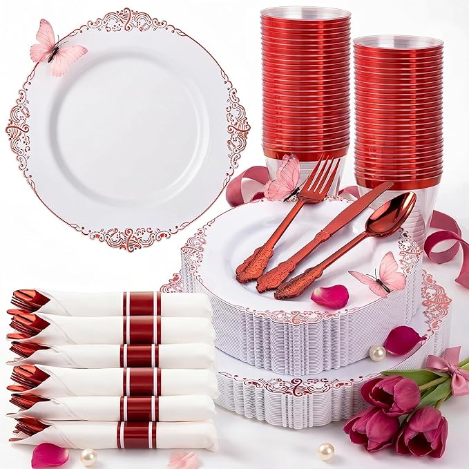 Nervure 350PCS Red Plastic Plates - White Red Plastic Dinnerware Set for 50 Guests - 100 Red Disposable Plates, 50 Pre Rolled Cutlery Set, 50 Cups Perfect for Wedding & Party & Mothers Day