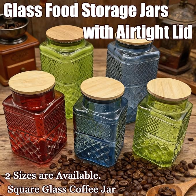Coriario 1 Gallon Vintage Glass Jar with Lid Wood Spoon Blue Square Glass Storage Canisters Wide Mouth Jars for Food Candy Flour Sugar Cookie Coffee Nuts Decorative