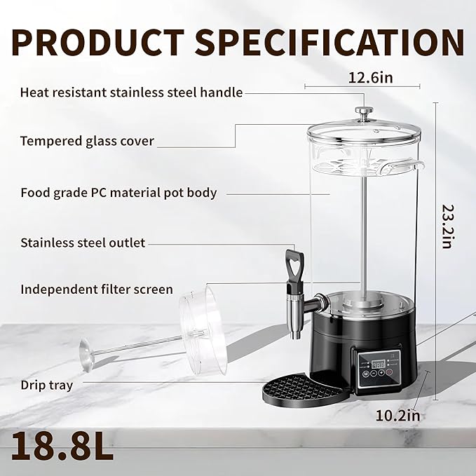 Commercial Coffee Urn Hot Beverage Dispenser Coffee Maker, Food-grade Plastic 18.8 L 125 Cups, Hot Chocolate Machine, Electric Percolator for Catering Hot Water for Hot Cocoa, Drink, Tea, Juice