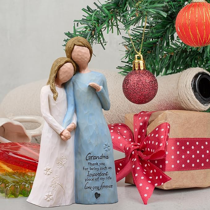 Grandma Birthday Gifts from Granddaughter, Great Grandma Gifts for Birthday Christmas Mothers Day, Grandmother Granddaughter Embrace Hand-Painted Resin Figurine(Blue)
