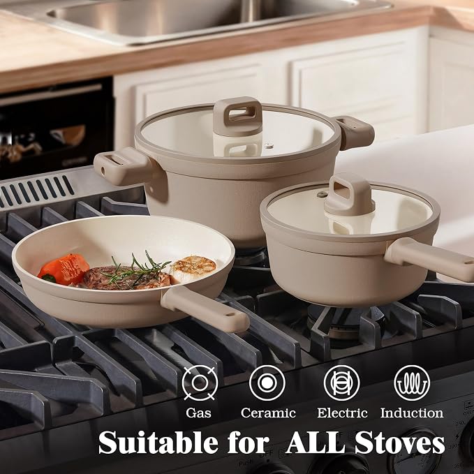 SENSARTE Ceramic Pots and Pans Set Nonstick, 20Pcs Cookware Set, Taupe | Non Stick Ceramic Coating, Non-toxic Healthy Kitchen Cooking Set, Induction Compatible, Dishwasher Safe, PFAS/PTFE/PFOA Free
