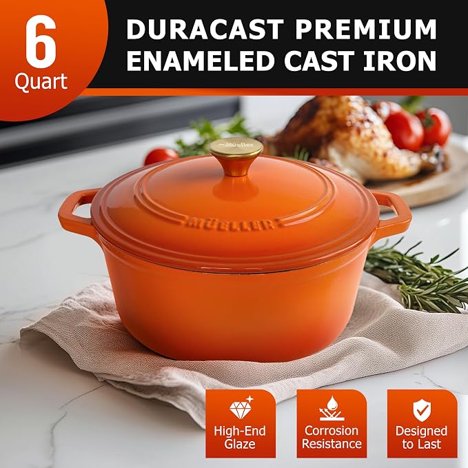 MUELLER HOME 6 Quart Enameled Cast Iron Dutch Oven for Bread Baking | Oven-Safe up to 500°F & Across All Cooktops, Housewarming Gifts New Home, Cast Iron Cookware, Gifts for Women, Orange