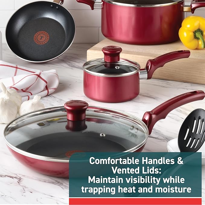 T-fal Essence, 20 Piece Non-Stick pots and pans Cookware Set, Red