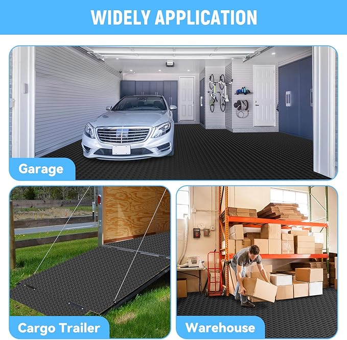 4x20 FT Garage Floor Mat, 2.8mm Thickened PVC Flooring Roll for Under Car, Golf Cart Parking Mat, Diamond Plate Black Motorcycle Mat for Warehouse, Basement, Gyms, Trailer（Included Tapes）