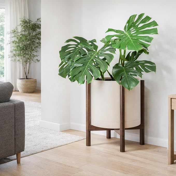 D'vine Dev Plastic Pot with Walnut Wood Stand, Oatmeal, 16 in, 55-C-X-4 | Mid-Century Inspired Design, Elevated Plant Display, Clean Lines, Sturdy Support, Modern Space-Saving Style