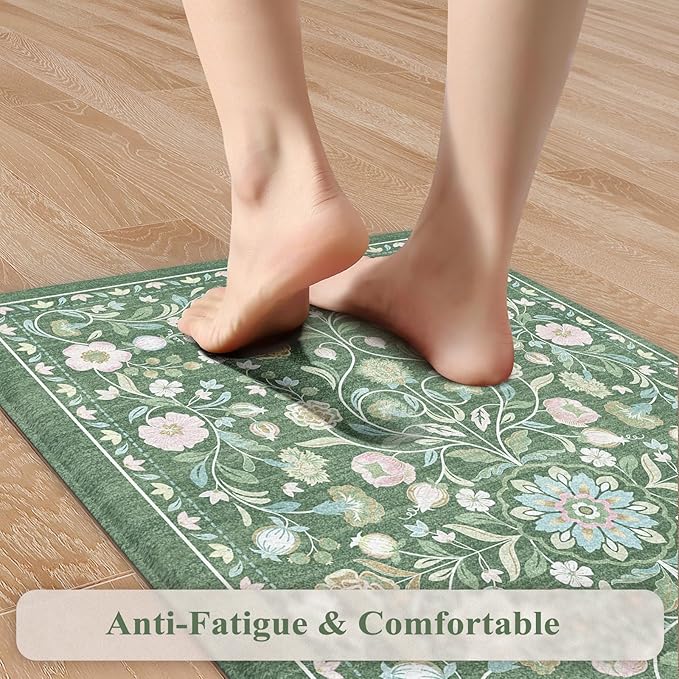 KIMODE Comfort Kitchen Floor Mats Cushioned Anti Fatigue,Farmhouse Spring Floral Kitchen Runner Rug Sets of 2 Non Slip,Long Memory Foam Standing Carpet for Laundry Sink Home,Green
