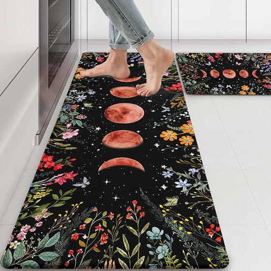 Kitchen Rug Mats for Floor Cushioned Anti Fatigue Black Kitchen Rugs Sets of 2 Moon Garden Floral Non Slip Waterproof Comfort Memory Foam Standing Floor Mat for Office Laundry Sink Desk