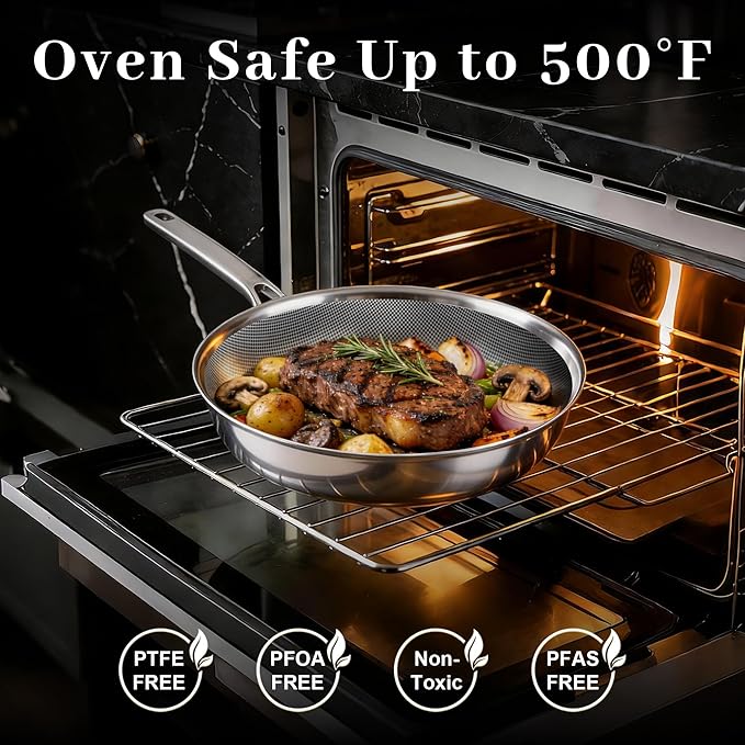 FogDream 10" Titanium Nonstick Frying Pan with Lid, Stainless Steel Skillet, Induction & Oven Safe (500°F), Dishwasher Safe, PFOA Free, Kitchen Set with Detachable Handle