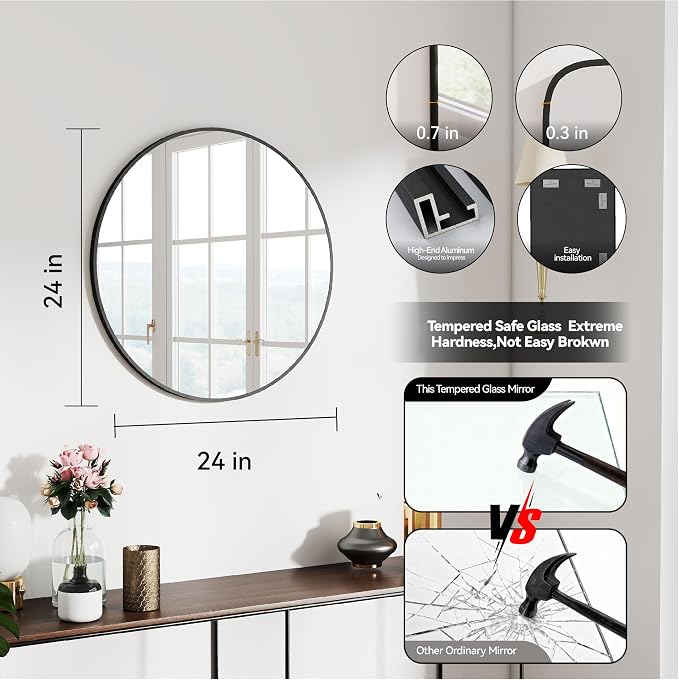 SCWF-GZ 24" Round Mirror Circle Wall Mounted Hanging or Against Wall Aluminum Alloy Metal Frame Dressing Make-up Mirrors for Entryway Bedroom Bathroom Living Room 24 inch Black