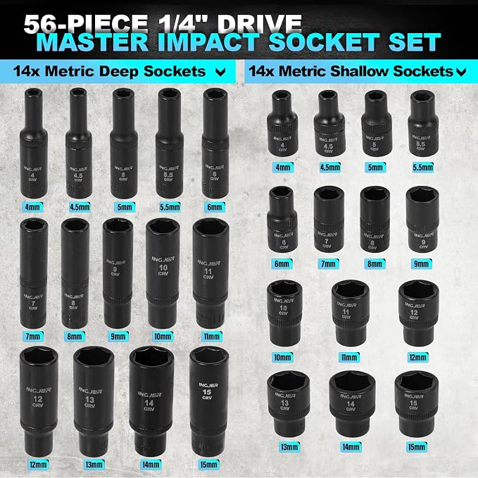 Socket Set 1/4, 56 Piece Impact Socket Set Metric and Standard Full, 6 Point, Cr-V, 1/4-Inch Drive Ratchet Handle, Drive Extension Bar, Impact Universal Joint,impact adapter