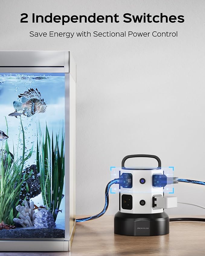 Tower Surge Protector Power Strip, JACKYLED Extension Cord with Multiple Outlets, 8 Outlets 4 USB Ports(2 USB C) 1625W/13A Retractable Cord Charging Station with 1050J Protection, Home Office Supplies