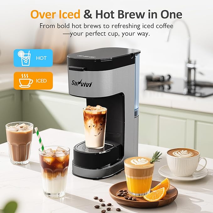 SUNVIVI Iced & Hot Coffee Maker: Single Serve Coffee Maker with 3 Brewing Options for K Pod, Ground Coffee & Tea, Removable Water Reservoir & Reusable Filter, Ideal for Home & Office, Black