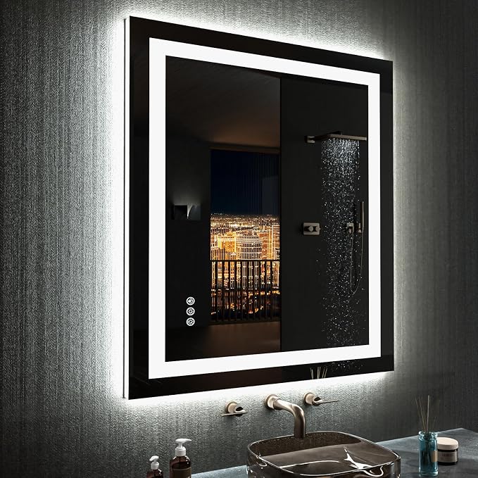 LOAAO 28"X32" LED Bathroom Mirror with Lights, Anti-Fog, Dimmable, RGB Backlit + Front Lighted, Bathroom Vanity Mirror for Wall, Memory Function, Tempered Glass, ETL Listed
