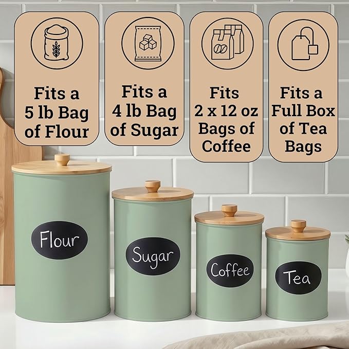 Kitchen Canisters for Countertop Set of 4 with Customizable Chalkboard Labels & Marker Pen - Big Iron Kitchen Canisters with Airtight Lids - Sage Green Canister Set - Flour and Sugar Containers