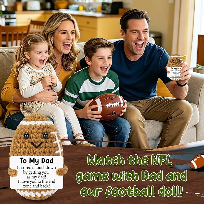 Funny Fathers Day Birthday Gifts from Daughter Son Wife, Father's Day Positive Handmade Crochet Gift for Dad, Cute Small Gifts for Dads, I Love You Papa Gift Idea, Unique Football Doll for Step-Dads