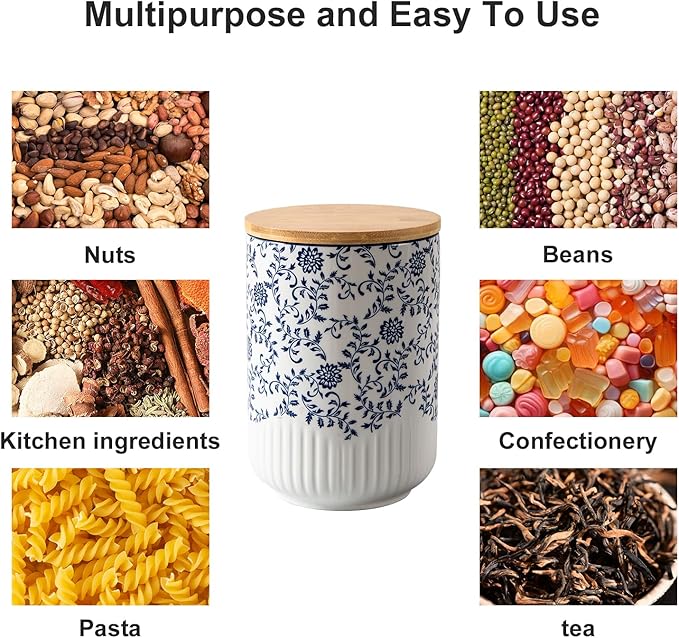 Canisters Sets for the Kitchen - 2 Pcs 74/18 oz Ceramic Kitchen Containers for Countertop with Airtight Wood Lids - Flour and Sugar Containers for Coffee Tea Spice Beans Cookie Jars - Blue