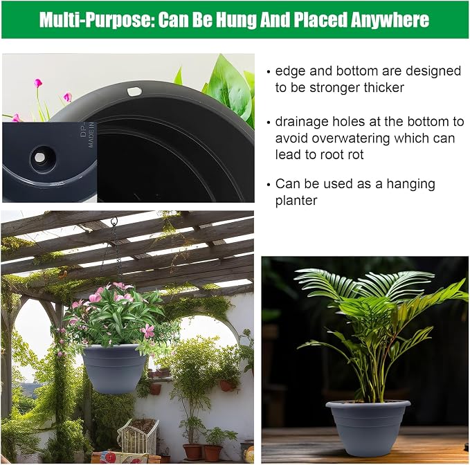 RooTrimmer 5 Pack 10 Inch Plant Pots for Indoor Outdoor,Plastic Floor Planters with Drainage Holes,Lightweight Flower Pots for Home,Patio & Garden(Grey)