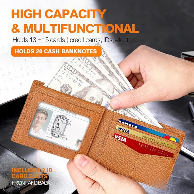 Wallet for Men Slim RFID Blocking Bifold Carbon Fiber,Minimalist Small Compact Front Pocket Credit Card Holder,Thin Mens Leather Wallets Smart Security With 2 ID windows 1 Cash (Cross Brown)