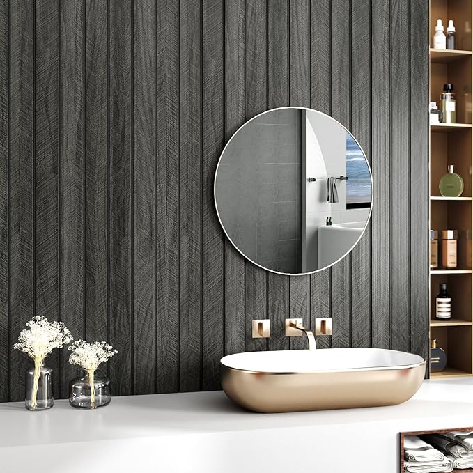 Wallercity 3D Gray/Black Wood Panels for Walls Self Adhesive Wood Slat Wall Paneling for Bedroom Bathroom Thick Peel and Stick Flexible Wooden Wall Panel for Living Room Kids Room Ceiling 11.7''x118''
