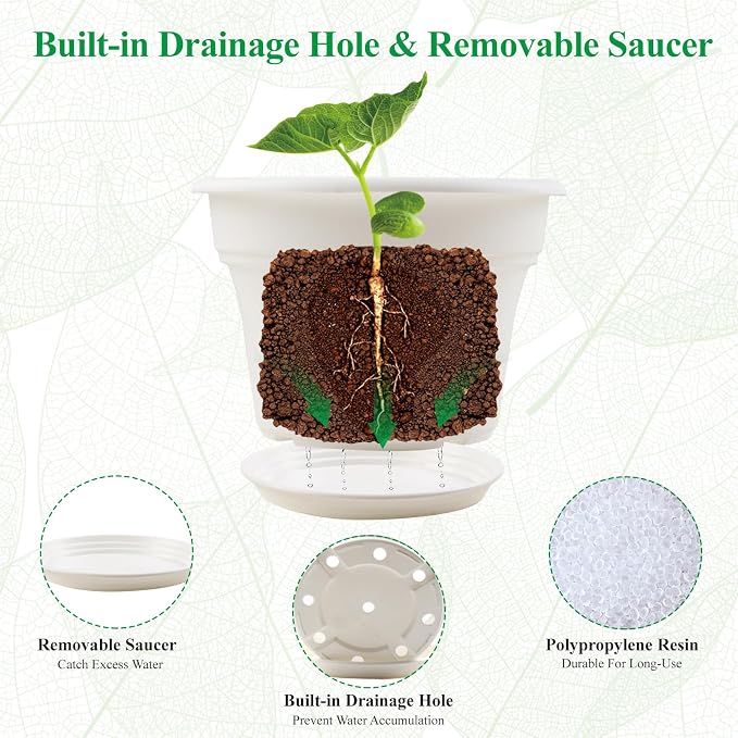 Pottiffe 10 Inch Plastic-Flower-Pot-for-Indoor-Plants, 4 Pack Large Outdoor Planter Pot with Drainage Holes & Saucers, Resin Decorative Garden Pots Planters