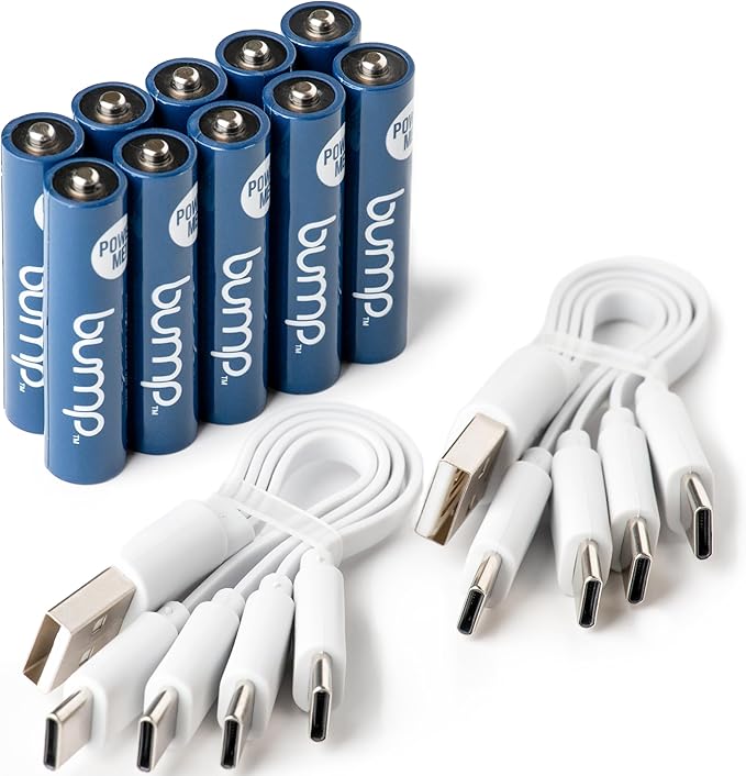 BUMP NiMH AAA Rechargeable Batteries 1.2V - 10 Pack Long Lasting (1000mAh) - Reusable Battery Replacement with 4-in-1 USB-C Charging Cords - Ideal for Flashlights, Remote Controls, and Cordless Phones