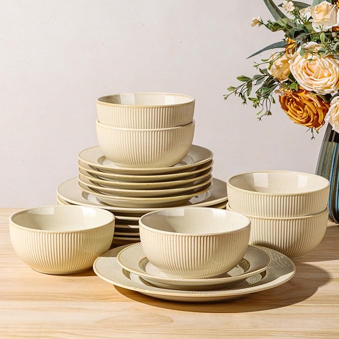 TheTerra Stoneware Dinnerware Sets for 6, 18 Pieces Ceramic Plates and Bowls Sets, Scratch Resistant Embossed Dish Set, Oven, Microwave & Dishwasher Safe, Oatmeal