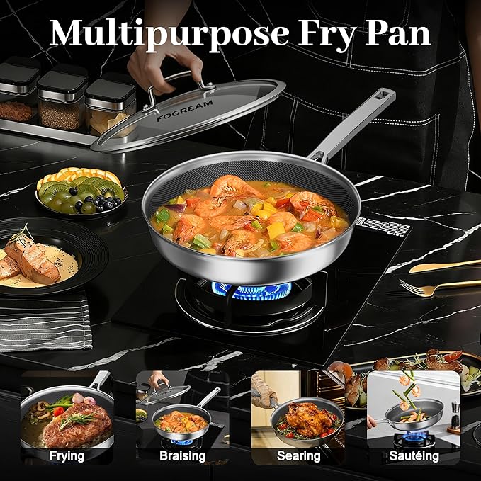 FogDream 10" Titanium Nonstick Frying Pan with Lid, Stainless Steel Skillet, Induction & Oven Safe (500°F), Dishwasher Safe, PFOA Free, Kitchen Set with Detachable Handle