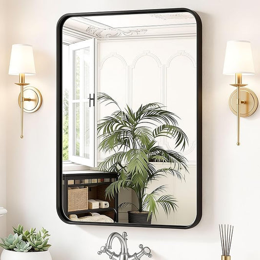 Sweetcrispy Bathroom Wall Mirror, 36x24 Inch Mirror for Over Sink, Black | Modern Wall Mount Vanity Mirror Rounded Rectangle with Matte Brush Metal Framed, for Home Decor, Living Room, Bedroom