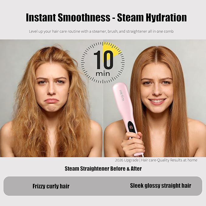 Steam Hair Straightener Brush, 3-in-1 Hair Straightening Brush for Frizzy, Curly & Thick Hair and Short Hair, Steamer Straightener Brush for Anti-Frizz, Steamer for Reduced Heat Damage, Dual Voltage