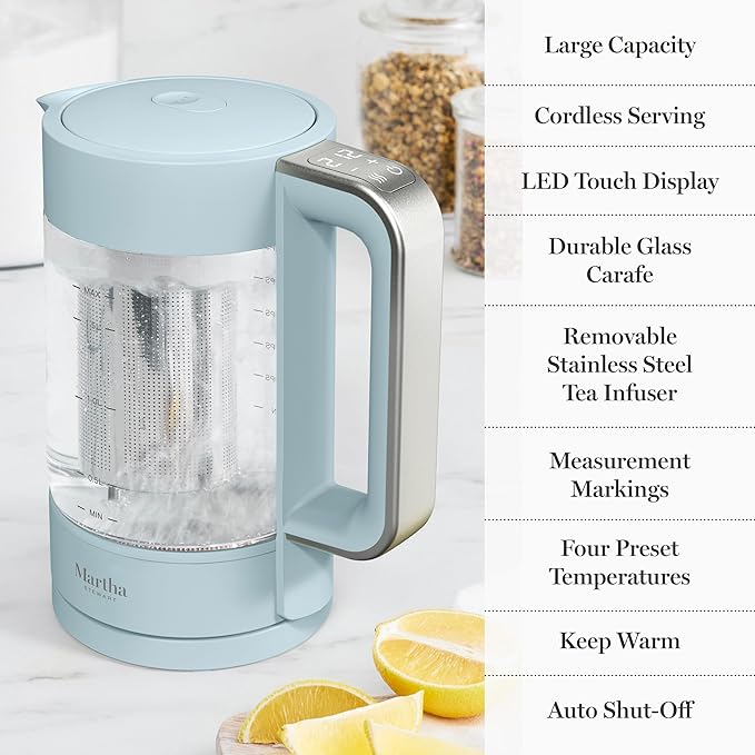 Martha Stewart Electric Kettle with Removable Stainless Steel Tea Infuser,  Glass Carafe 1.7L (7 Cups), Hot Water Boiler, 4 Presets, Keep Warm & Auto Shut-Off, Cordless 360° Swivel Base, Sky Blue