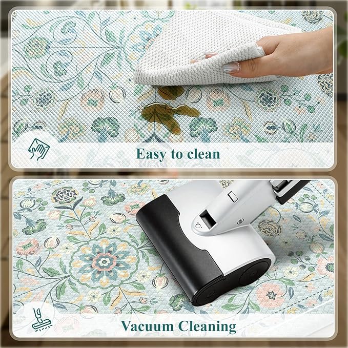 KIMODE Comfort Anti Fatigue Mats for Kitchen Floor,Boho Floral Kitchen Rugs Sets of 2 Non Slip,Cushioned Memory Foam Kitchen Mat Carpet for Laundry Sink Bathroom Office,Blue