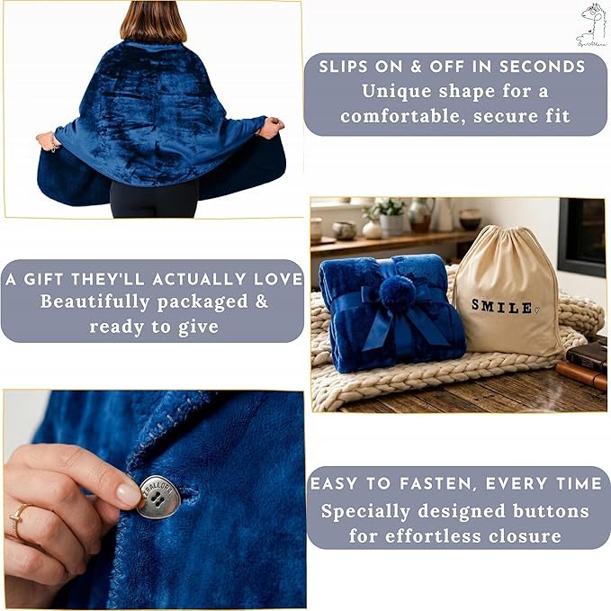 EzrAllora Premium Double Layer Poncho Blanket for Women -Drape and Go No Sleeves- Sherpa Fleece Shawl with Pockets - Wearable Blanket - Gifts for Mom and Grandma (Blue)