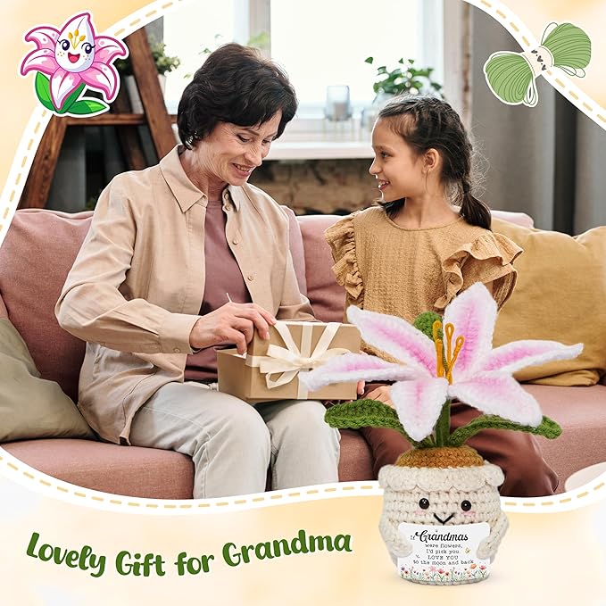 OASSIE Gifts for Grandma - Emotional Support Crochet Lily Flower - Proud of You Mothers Day Birthday Gifts for Grandma Nana Gigi from Grandkids, Positive Granny Gift