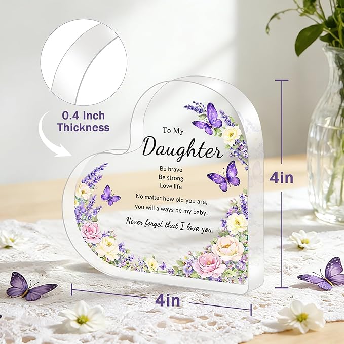 Mothers Day Gifts for Daughter, Gifts for Daughter from Mom Dad- Purple Acrylic Heart Plaque, Inspirational Adult Daughter Gift for Birthday Mother's Day Graduation