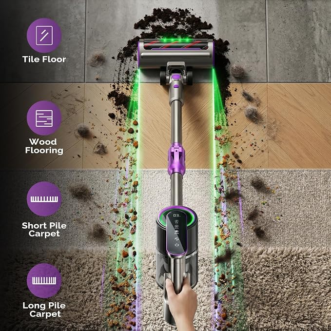 Cordless Vacuum Cleaner for Home, 55kPa 70-Min Runtime Cordless Stick Vacuum with LED Display, 8-in-1 Self-Standing Lightweight Design, Anti-Tangle for Pet Hair, Hard Floors and Carpet