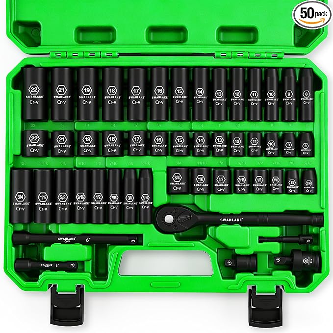 SWANLAKE 3/8'' Drive Impact Socket Set, 50-Piece Standard SAE (5/16 to 3/4 inch) and Metric (8-22mm) Size, 6 Point, Cr-V, 3/8-Inch Ratchet Handle, Extension Bar, Universal Joint