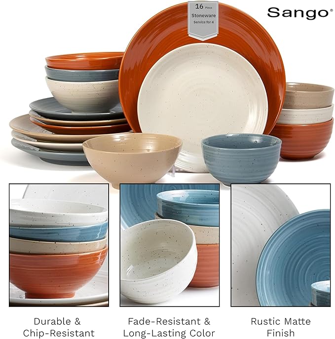 Sango Siterra Painter's Palette 16-Piece Stoneware Dinnerware Set - Service for 4, Ceramic Plates and Bowls Sets, Chip Resistant, Rustic Dishware, Microwave & Dishwasher Safe Kitchen Dishes