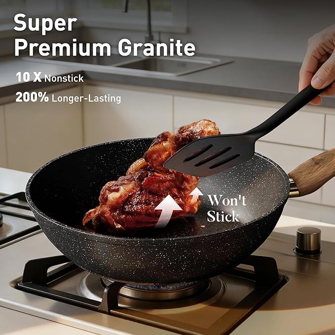 DishDelight Induction Pots and Pans Set Non Stick, 12 Piece Granite Kitchen Cookware Sets, Cooking Pot Set Nonstick Non Toxic, PFOA&PFOS Free, Black