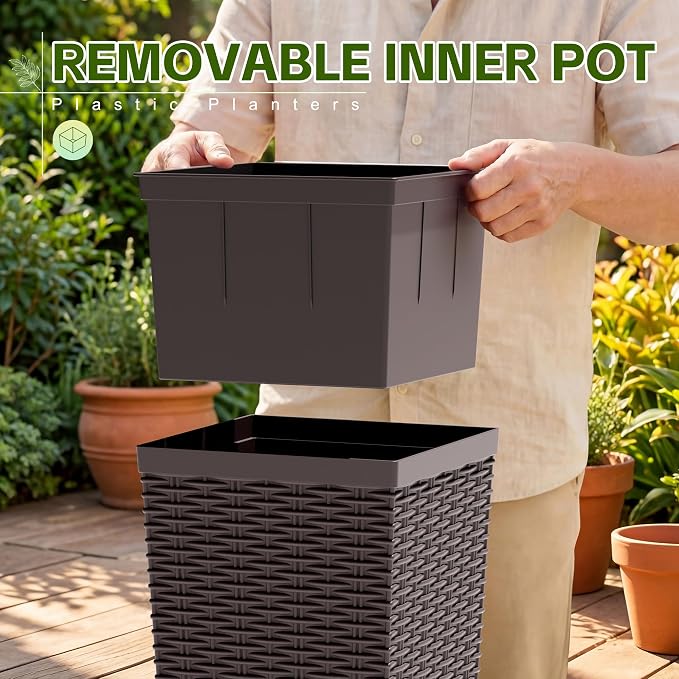Devoko Resin Tall Planters for Outdoor Plants Set of 2, Large Taper Outdoor Planter Pots with 4 Drainage Holes, Flower Pots Modern Decor for Porch, Patio, Backyard, Home Garden (Brown, 30'')