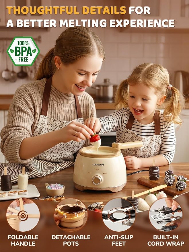 Electric Chocolate Melting Pot with 2 Insert Pots, 4-Cup Chocolate | Even Heating & Fast Melting, BPA-Free Silicone, Easy Clean, Less Waste, Ideal for Chocolate & Candy Melts, Parties & Fondue