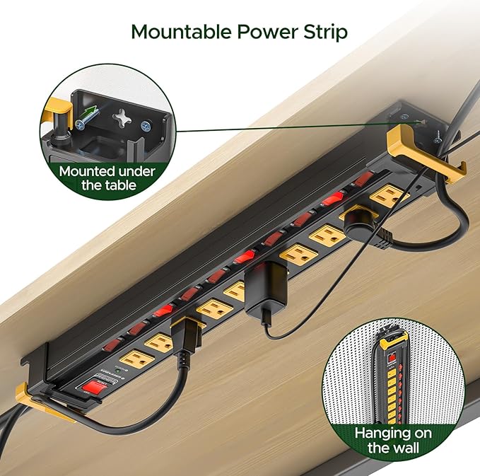 10 Outlet Heavy Duty Metal Power Strip with Individual Switches,3300J Surge Protector,1.7 Inch Wide Spacing for Large Adapters,6Ft Cord Managment for School,Garage,Workbench,ETL Listed(15A/1875W)