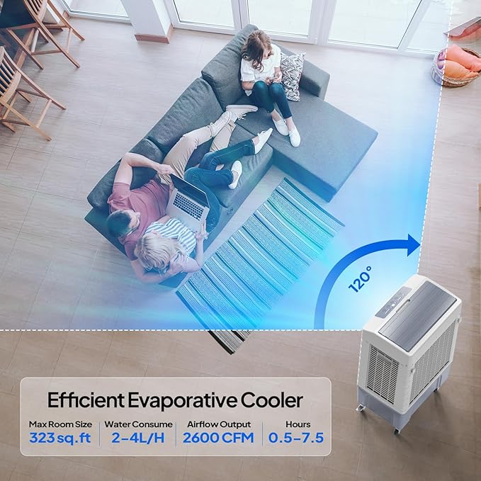 ROVSUN 10.5Gallon Evaporative Air Cooler, 2600CFM Portable Swamp Cooler with Remote Control, Oscillation, 3 Speeds, 7.5H Timer & 40L Water Tank, 3-IN-1 Cooling Fan for Home Office Garage Outdoor
