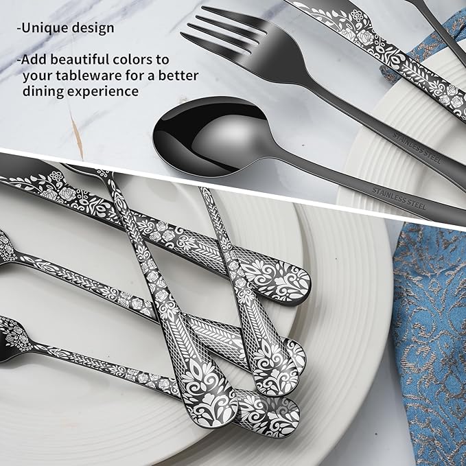 40 Piece Black Silverware Set, Stainless Steel Flatware Cutlery Set Service for 8, Mirror Polished Tableware Eating Utensils Set for Home Kitchen, Include Knife Fork Spoon Set, Dishwasher Safe