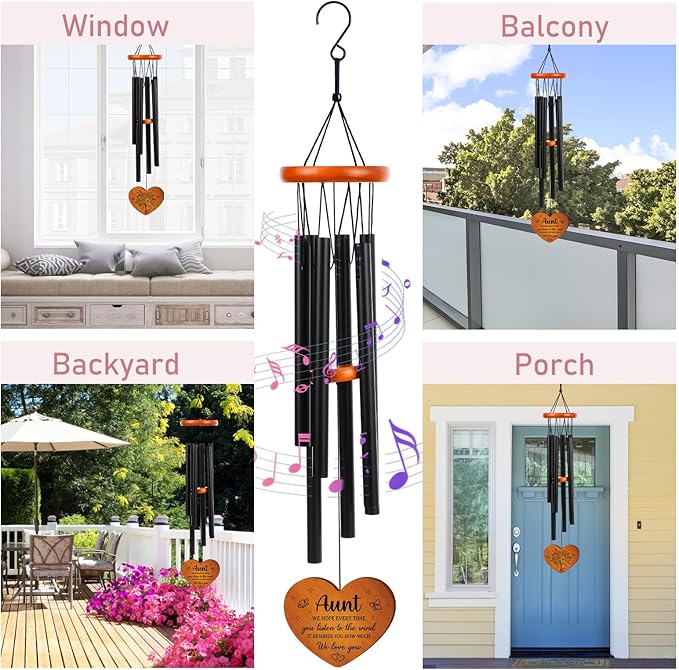 Aunt Gifts Wind Chimes for Outside - Metal Windchime with Wooden Pendant, Greeting Card & Black Box - Unique Birthday for Auntie from Niece Nephew, Garden Hanging Decor